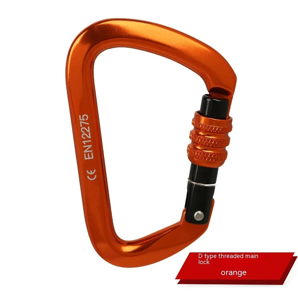 Steel D-shaped climbing carabiner showing automatic and screw-gate types in assorted colours.