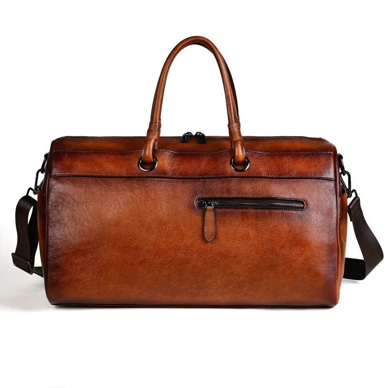 Handmade European retro leather bag in vintage brown with first layer cowhide construction and below 20L capacity