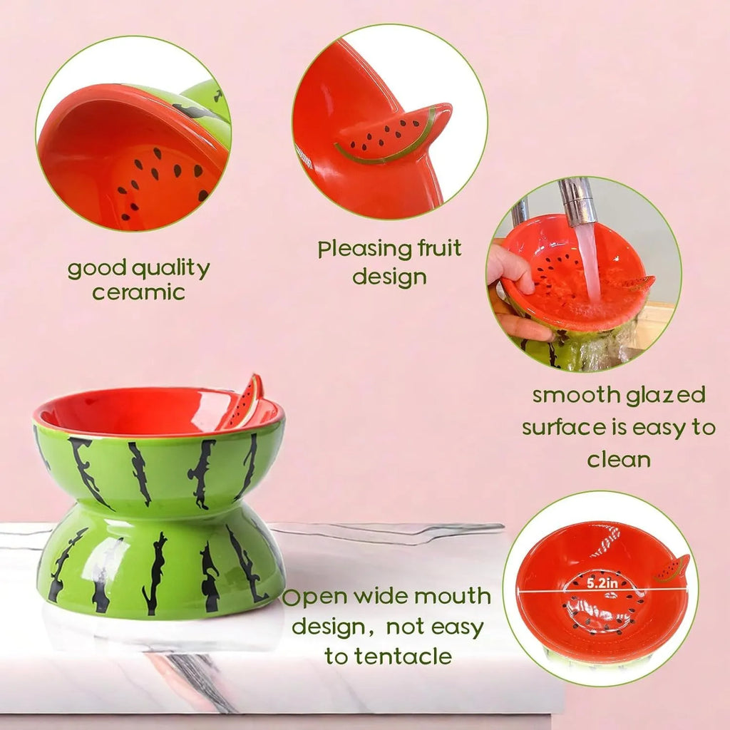 Ceramic raised cat bowl in orange pattern, showing tilted wide dish on non-slip base.