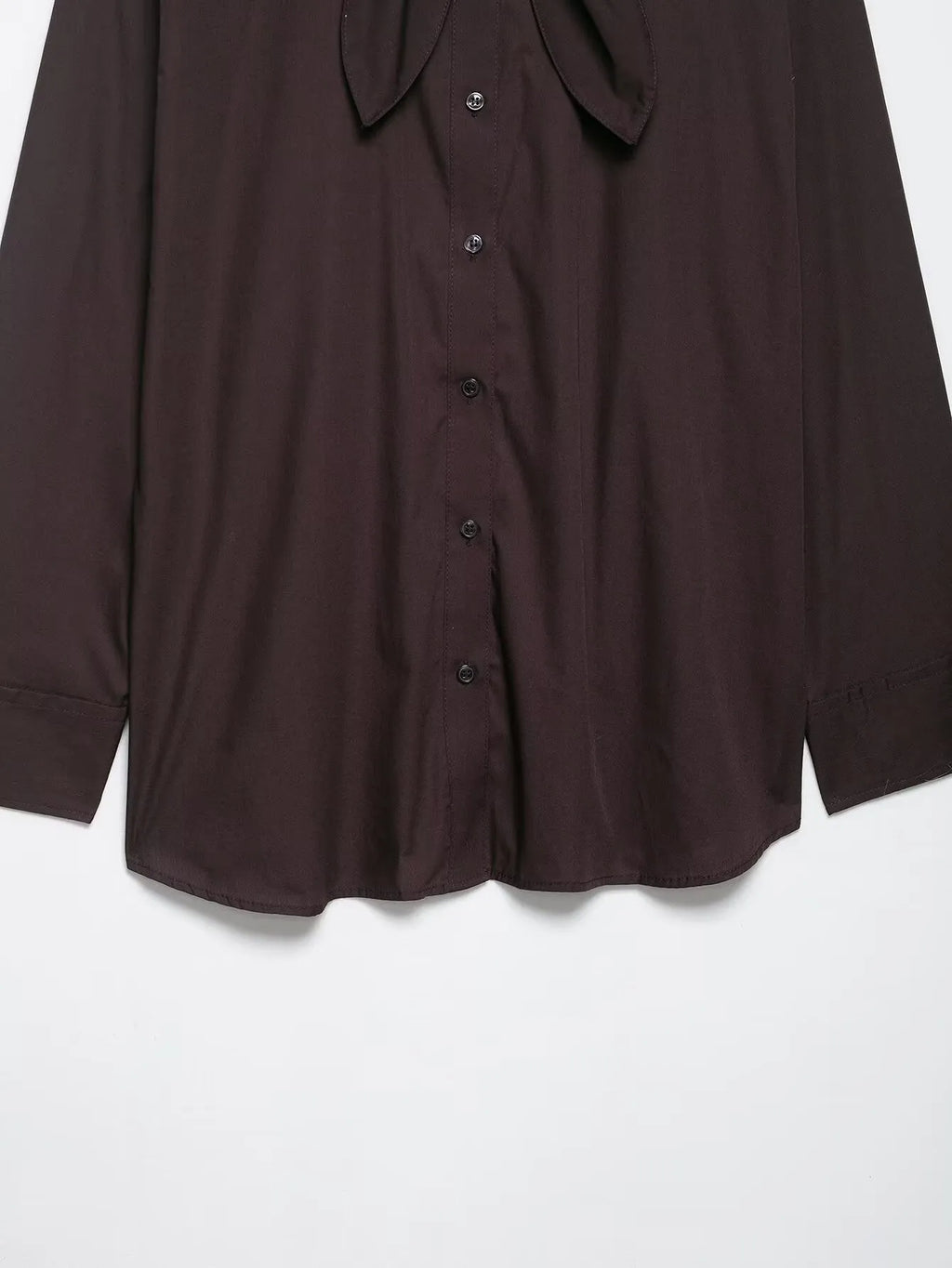 Brown women's poplin shirt with scarf bow tie detail and loose cardigan style