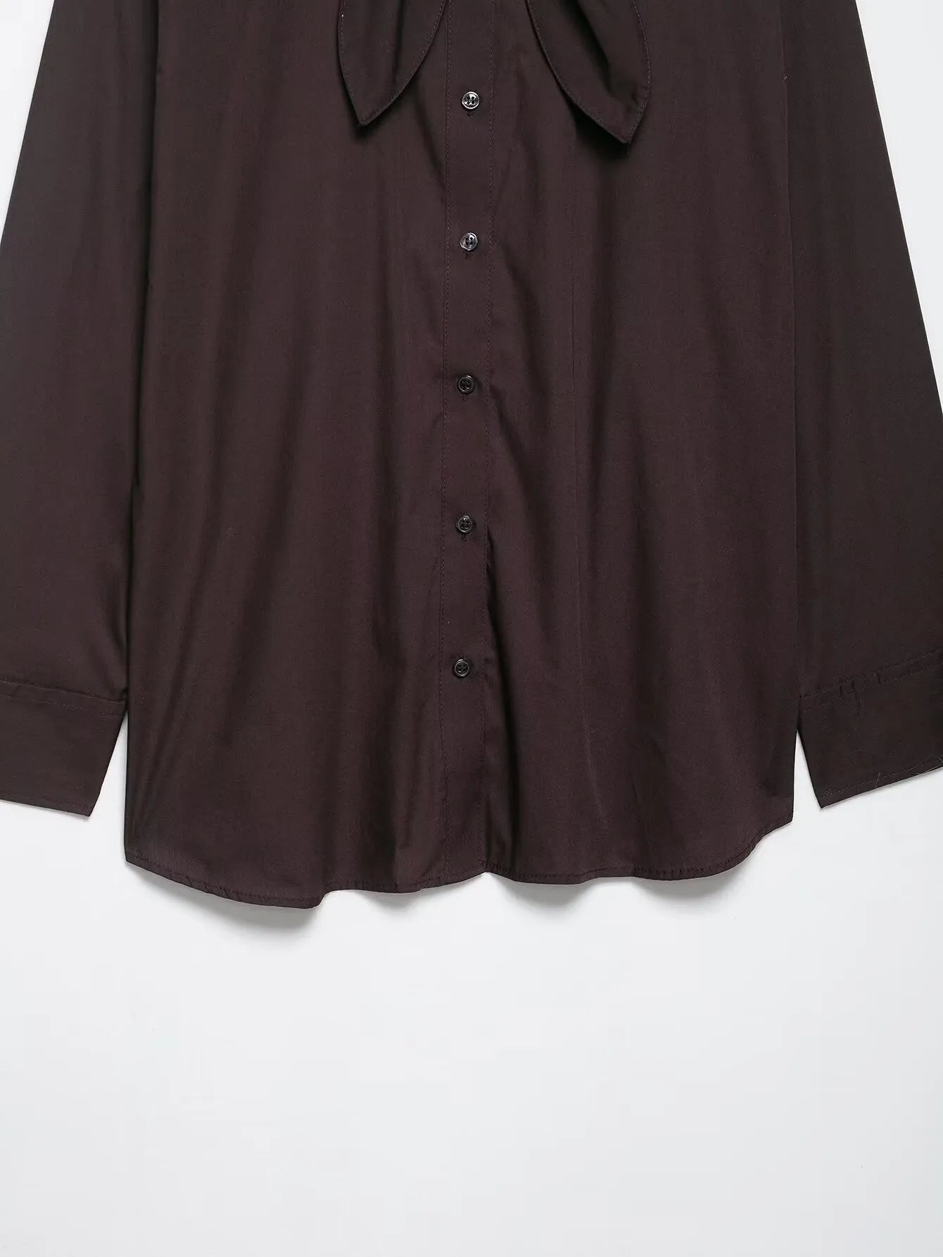 Brown women's poplin shirt with scarf bow tie detail and loose cardigan style