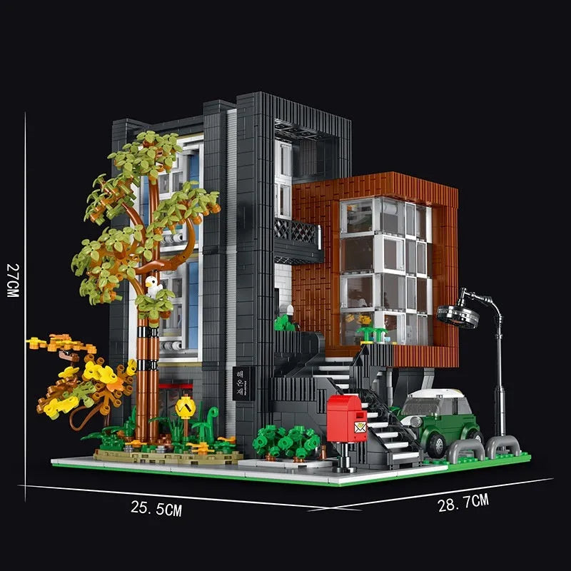 Plastic building blocks set for assembling a modern villa model with small particle pieces