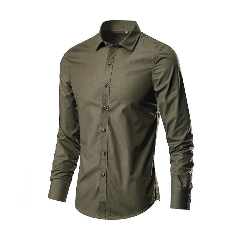 Man's loose fit linen long sleeve shirt in a slim, trendy style on a hanger.