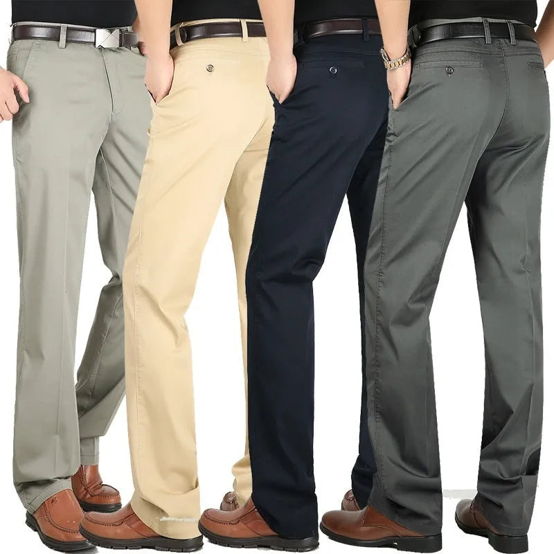 Men's casual elastic cotton high waisted loose trousers in creamy white, shown flat front view