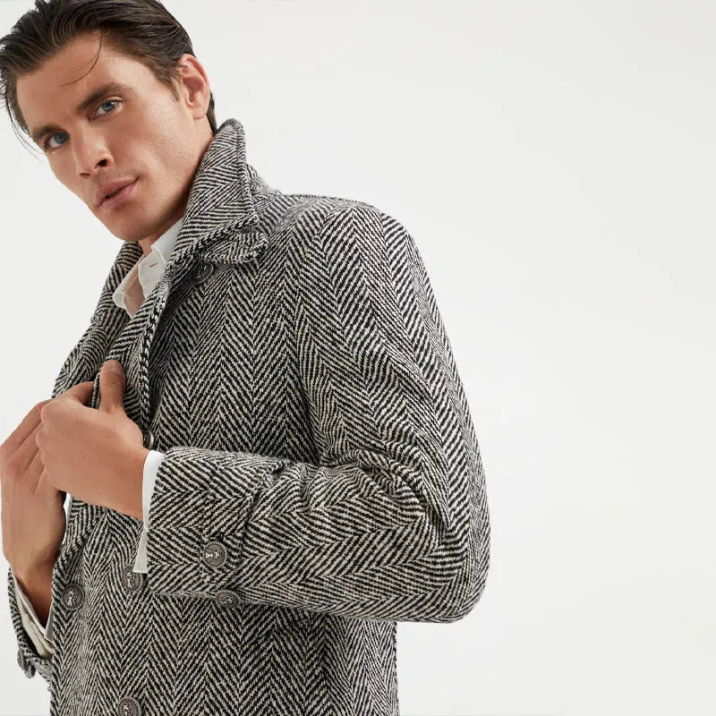 Men's mid-length double-breasted woolen overcoat in light gray with suit collar and placket front