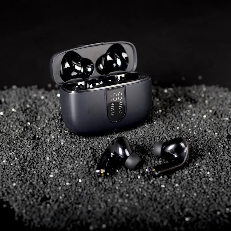 Jerry X08 wireless Bluetooth headset with digital display and USB charging case in black, grey or white