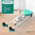 A pink leg stretching device with a steel frame and foam padding, shown alongside a blue model with a backrest.