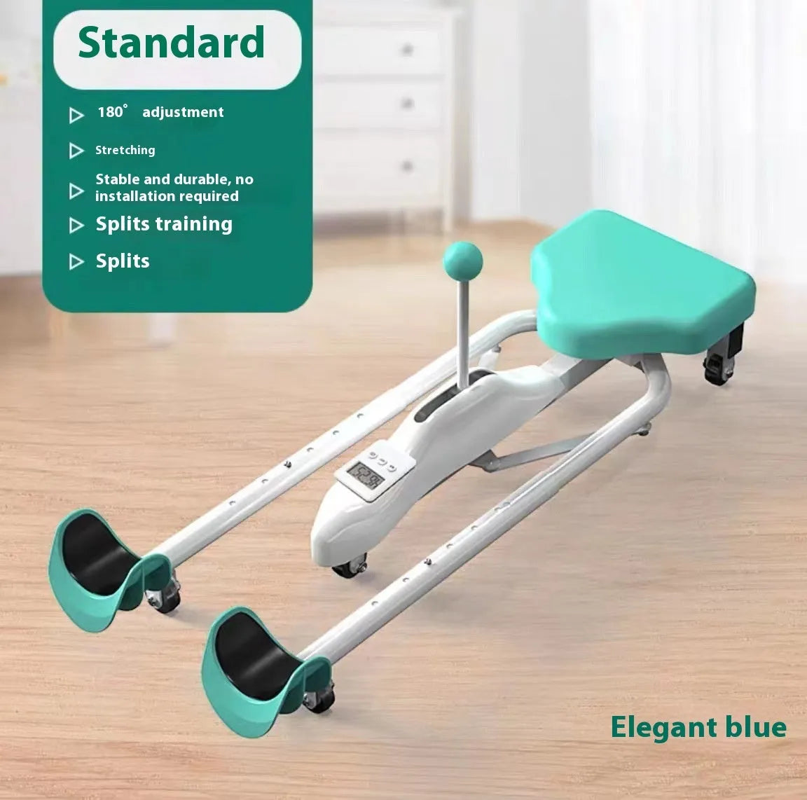 A pink leg stretching device with a steel frame and foam padding, shown alongside a blue model with a backrest.