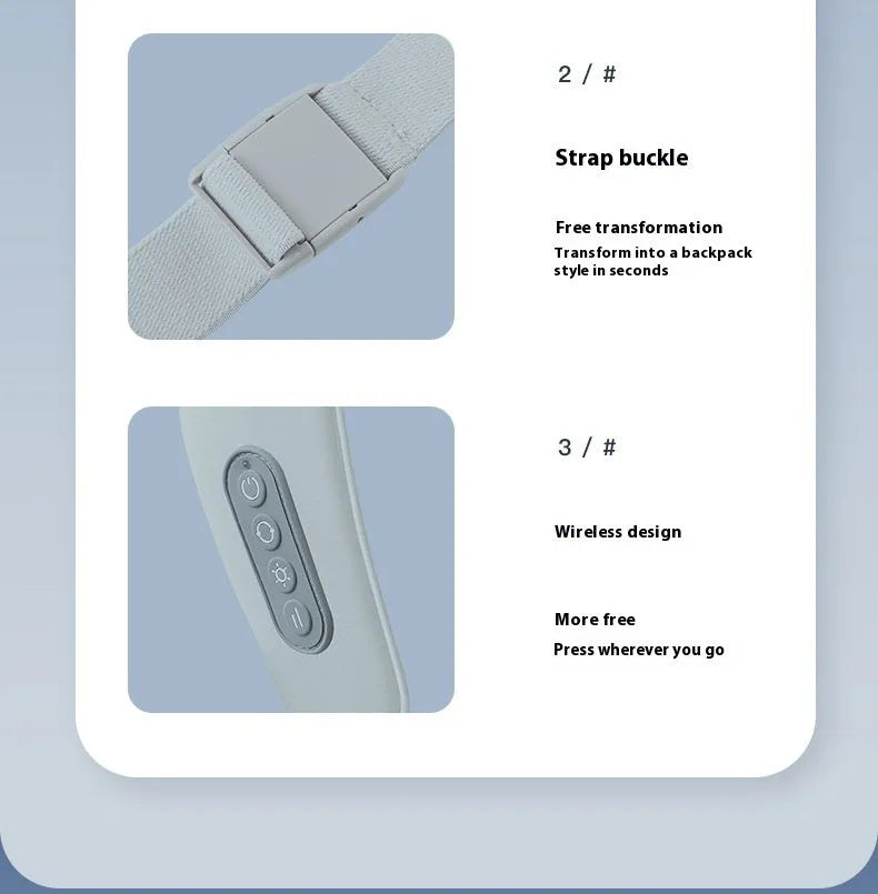 Gray USB-rechargeable neck and back massager with elastic fabric, shown with charging cable.