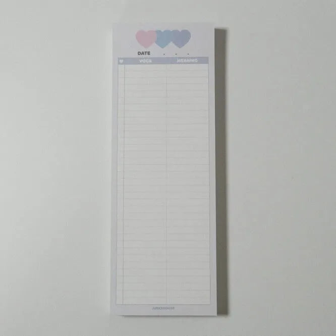 Blue B5 half-size vertical notepad with 30 sheets next to pink and purple versions.
