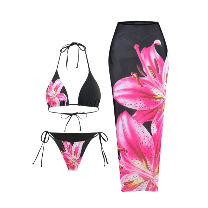 Women's three-piece bikini set with slim wrap skirt in black red flower print, sizes S to L