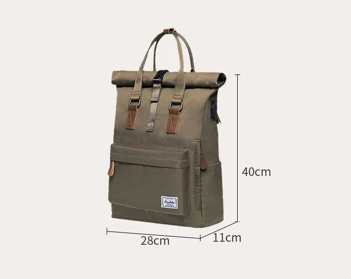 Casual black polyester backpack showing cover opening and front design.