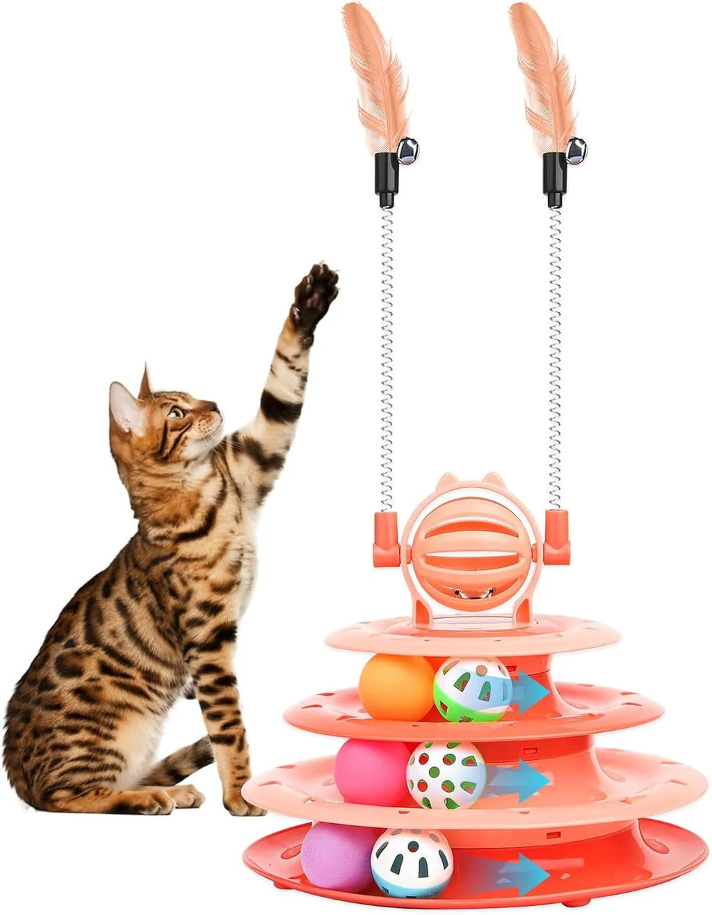 Blue 4-tier cat puzzle toy with 6 sliding balls and teasing rods on circular track