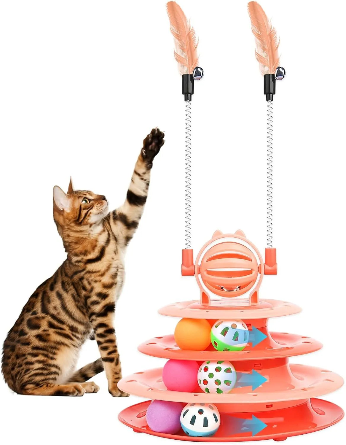 Blue 4-tier cat puzzle toy with 6 sliding balls and teasing rods on circular track