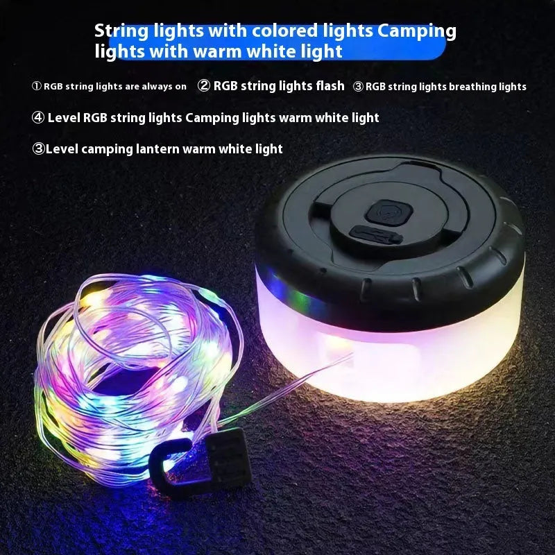 Rechargeable outdoor tent string lights in warm white and colourful LED options on an 8-metre cord