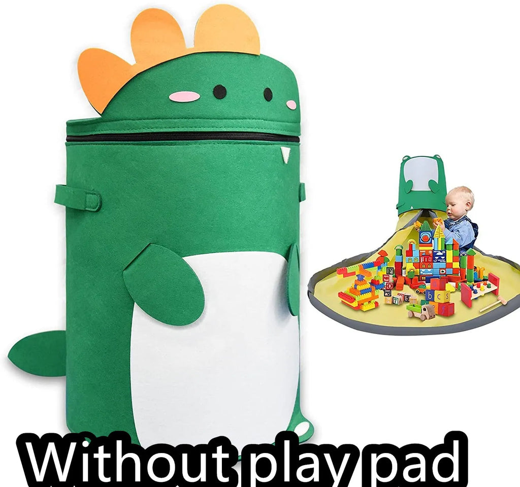 Green felt storage bag with pull rope that converts to toy play mat