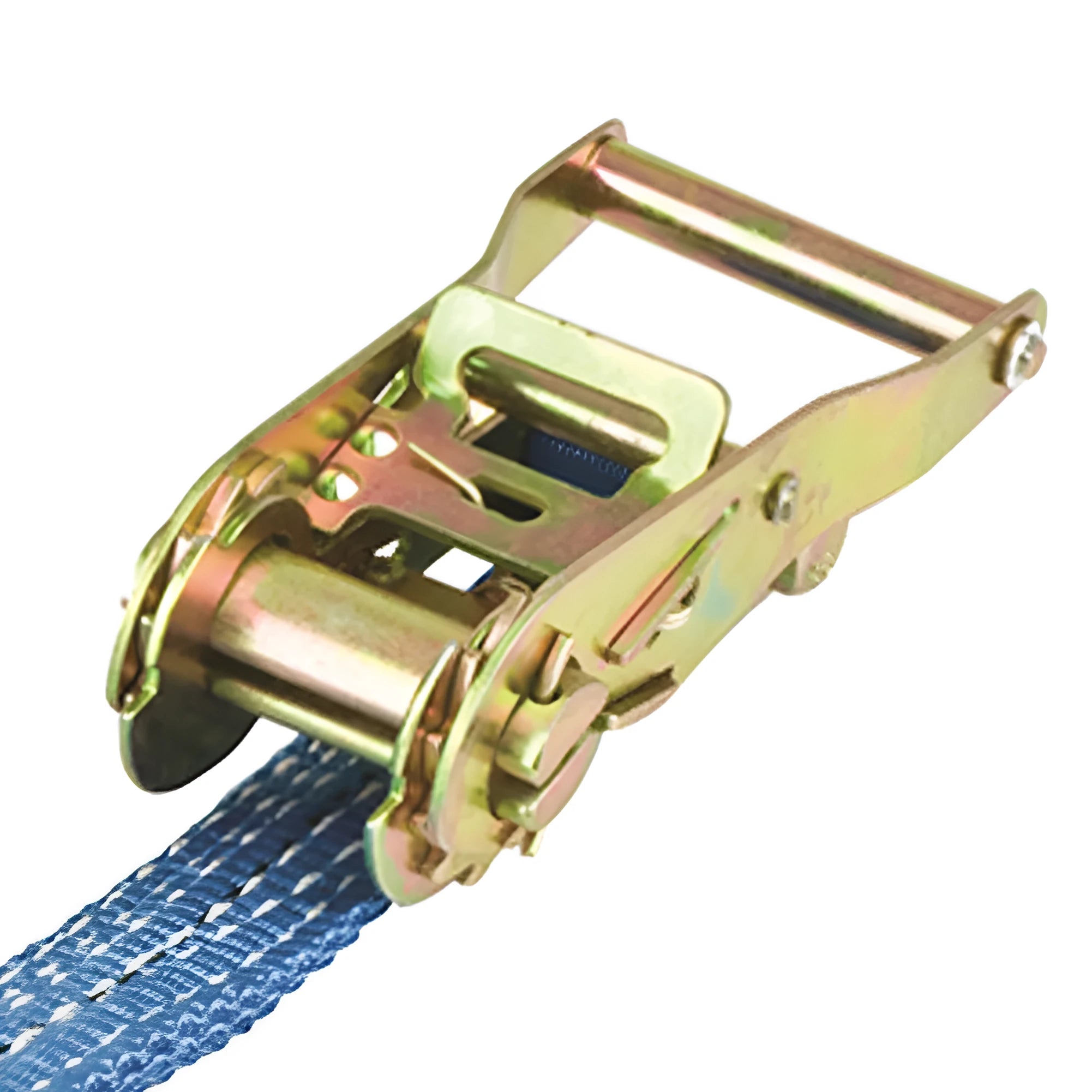 Steel ratchet tensioner fastening strap with double triangular hooks and polyester webbing