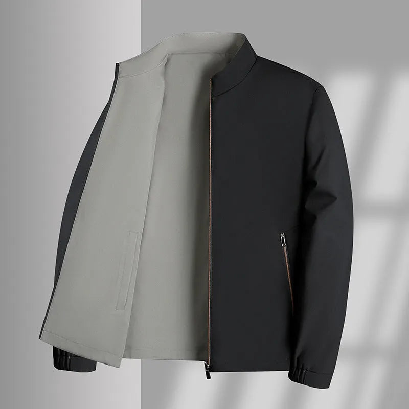 Men's double-sided stand collar casual loose windproof jacket in solid colour with size stick pocket