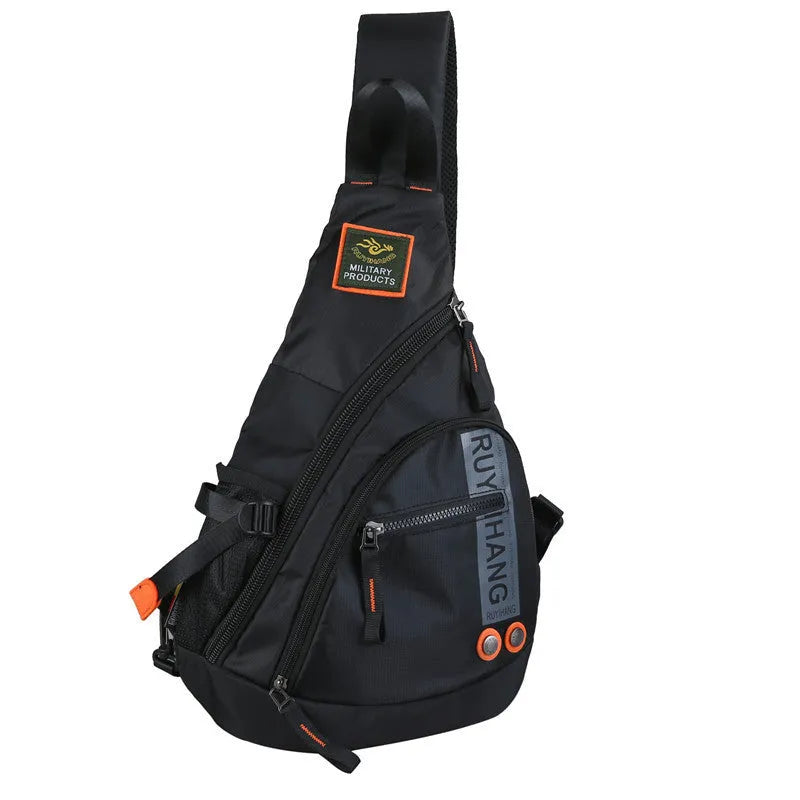 Unisex outdoor large capacity nylon chest bag in black with ventilation slots and adjustable strap