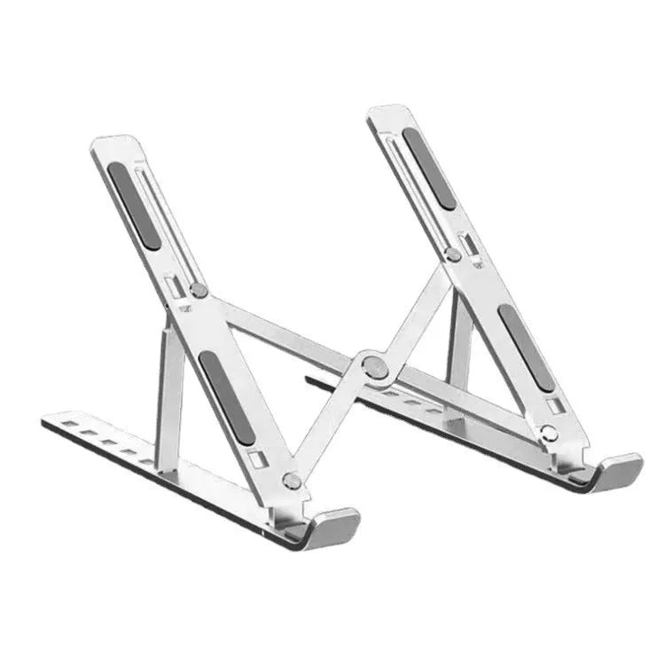 Silver aluminium alloy folding laptop stand open and closed next to a laptop