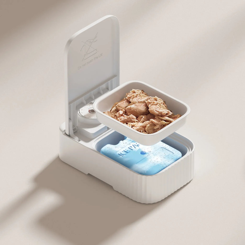 White electronic pet feeder with timer display and ice crystal compartment for 48-hour food freshness