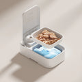 White electronic pet feeder with timer display and ice crystal compartment for 48-hour food freshness