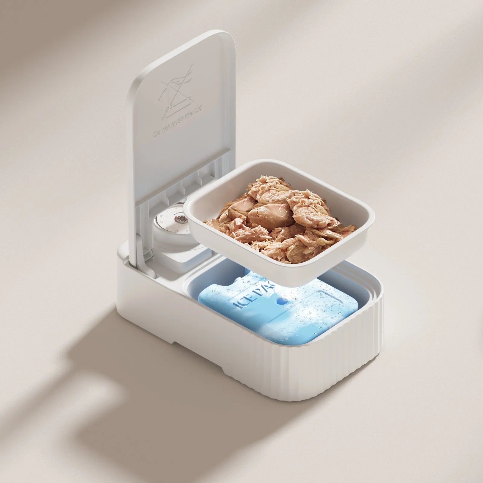 White electronic pet feeder with timer display and ice crystal compartment for 48-hour food freshness