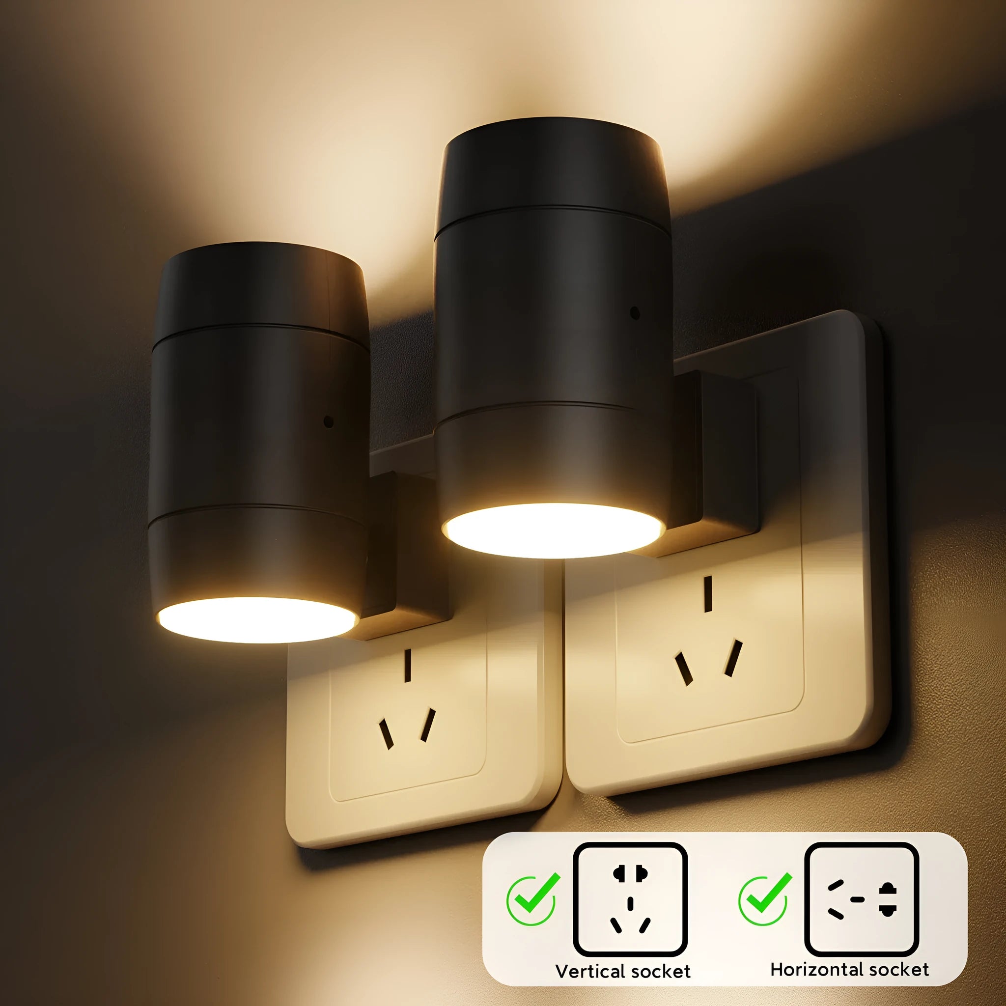 A small, white, direct plug-in night lamp with an adjustable and rotatable light head, shown plugged into a wall socket.