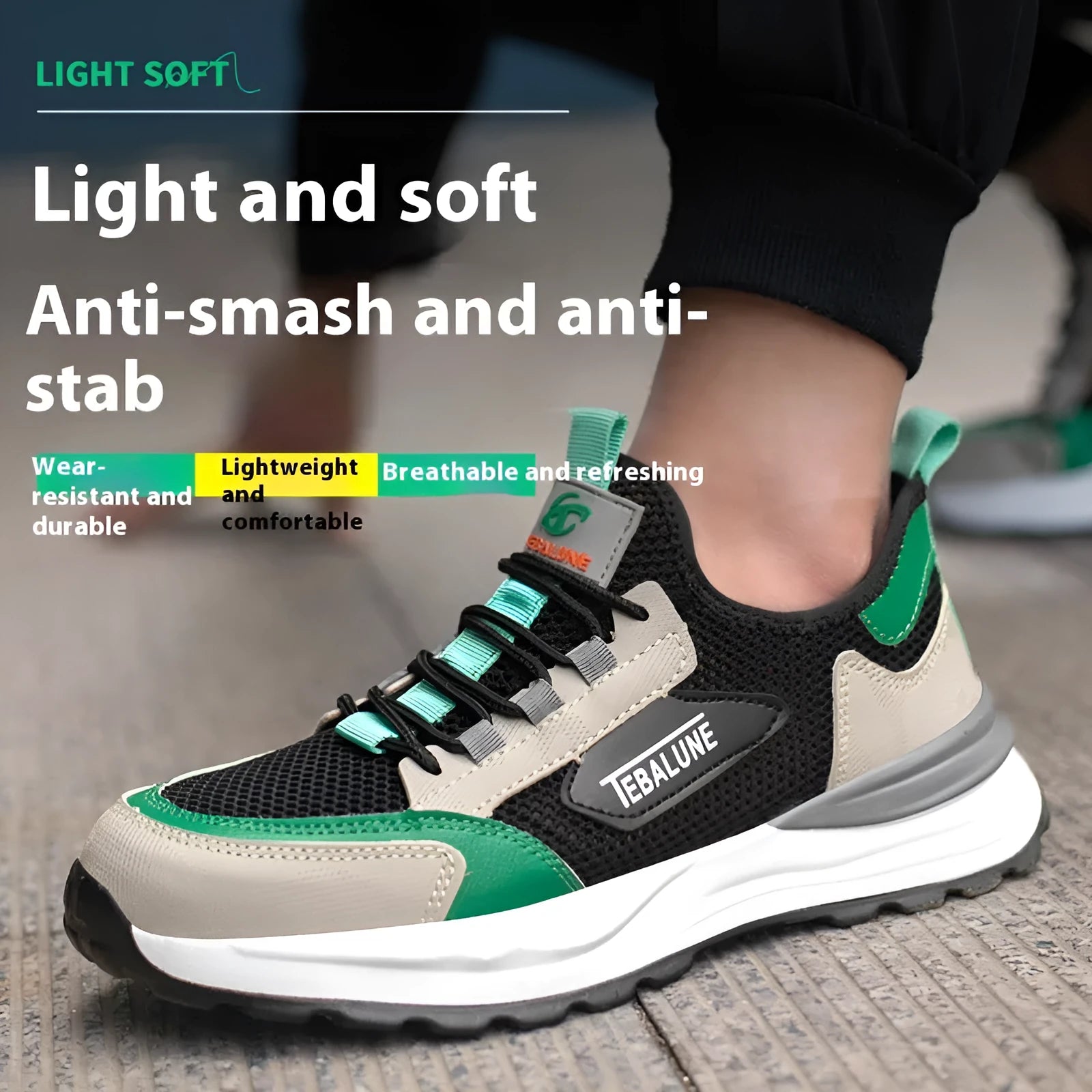 Black green low-cut safety shoes with mesh panels and plastic steel toe caps