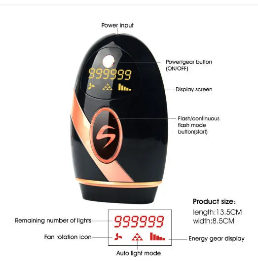 Black ABS IPL laser hair removal machine with 350,000 flashes for full body use, compact 14x7.5x4.5 cm