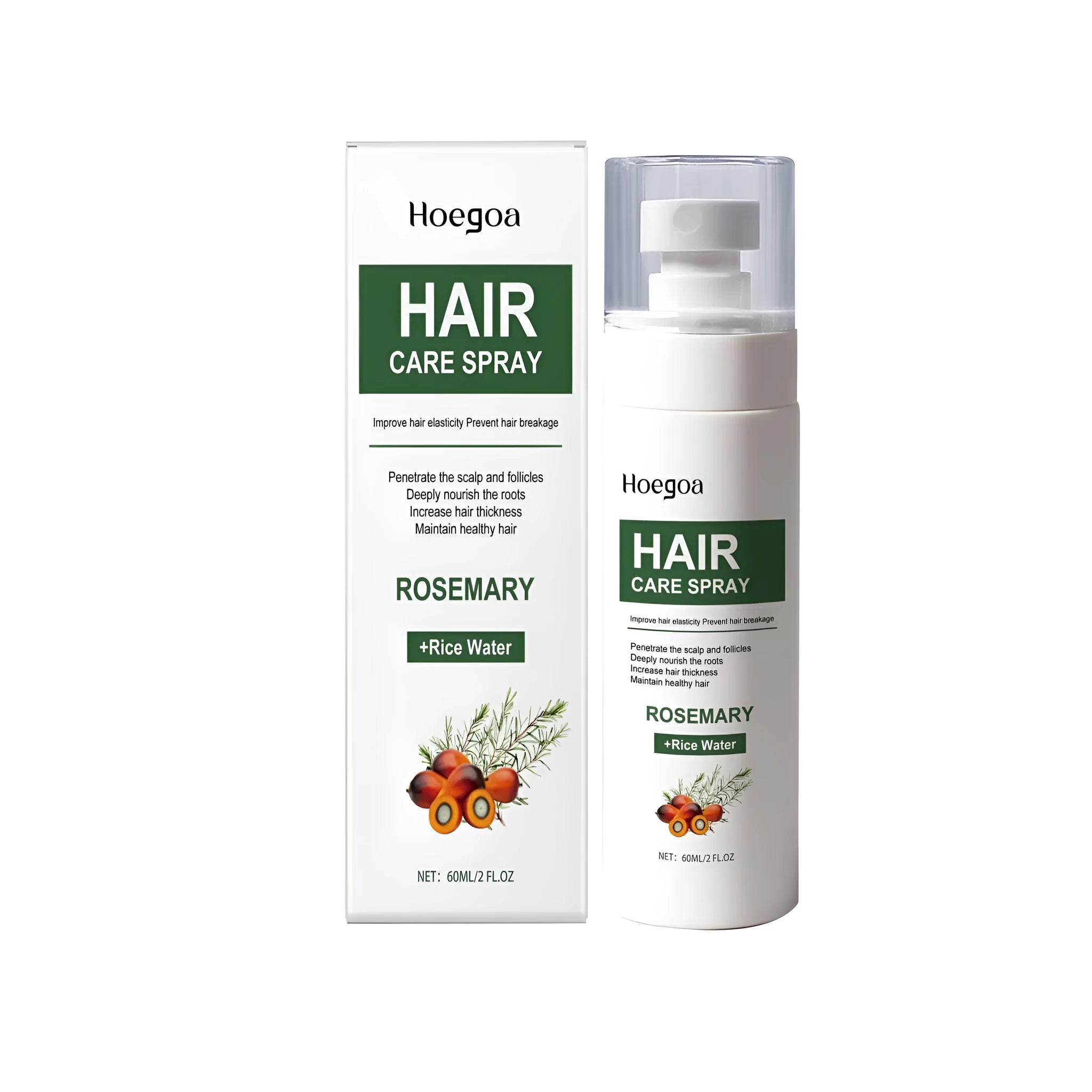 60ml bottle of rosemary, ginger, and tea tree hair care spray on a white background.