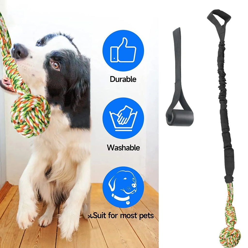 A woven cotton rope dog toy for tug of war and chewing, shown in black, grey, and red colour options.