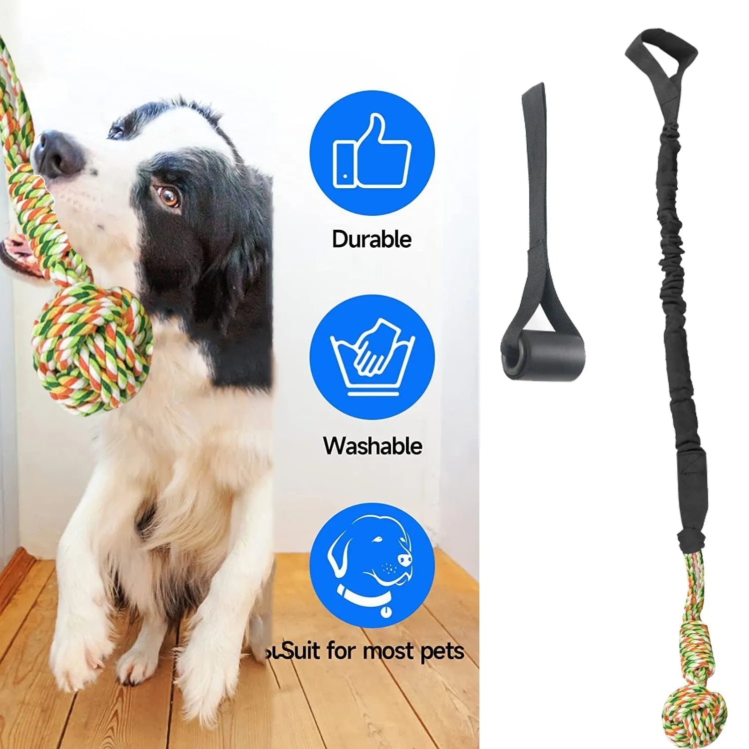 A woven cotton rope dog toy for tug of war and chewing, shown in black, grey, and red colour options.