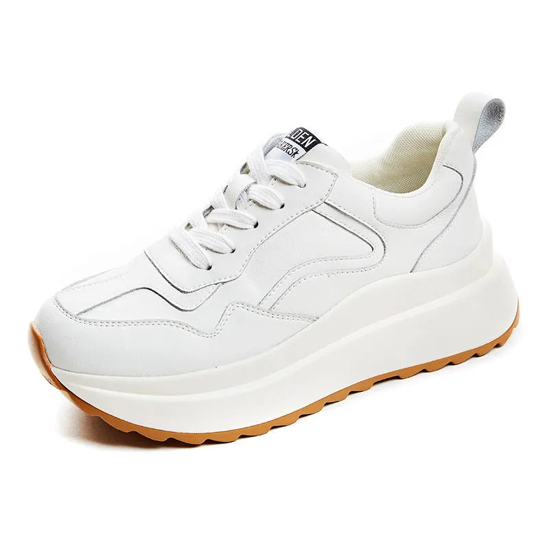 Women's white cattlehide leather casual sports shoes with cross-strap detail and English muffin heel