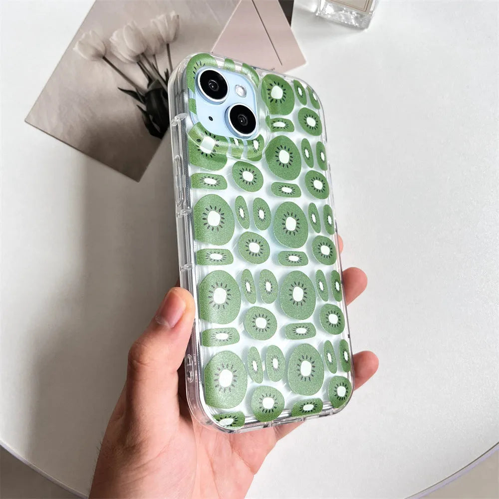 Transparent sliced kiwi fruit pattern TPU phone case for iPhone, showing kiwi green design on clear back