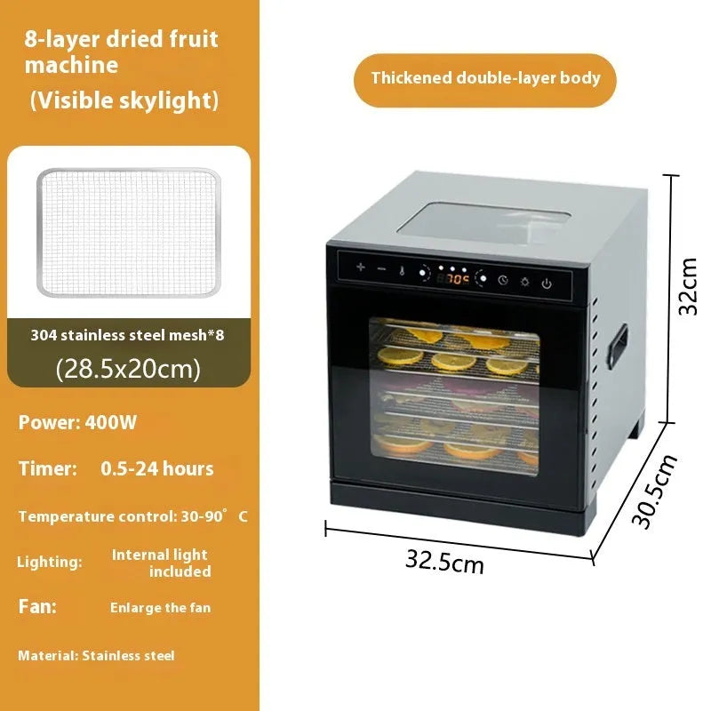Stainless steel fruit dehydrator with multiple trays, LED control panel, and visual skylight window.