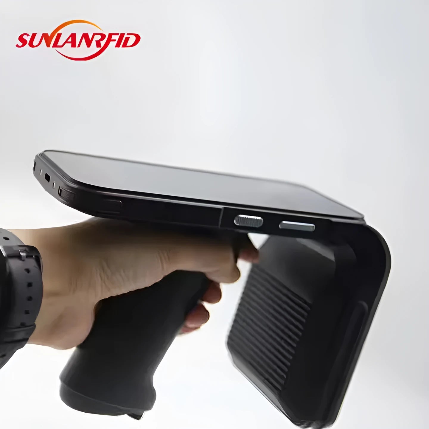 SLP-05 handheld Android UHF RFID reader and barcode scanner with removable battery.