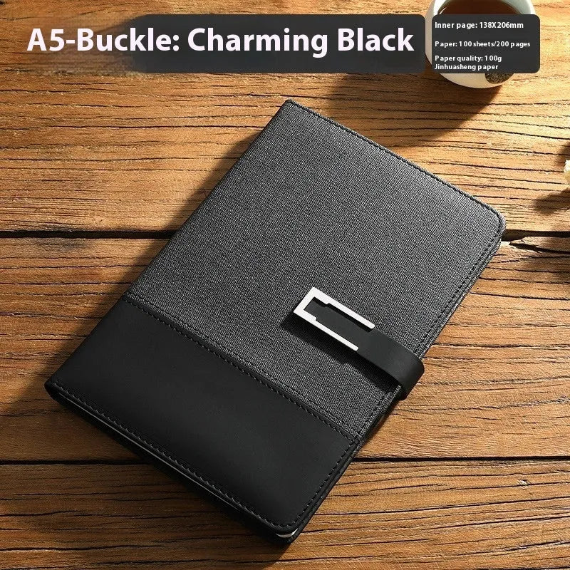 A5 leather notebook in choice of colours with gift box, open to show wood-free paper.