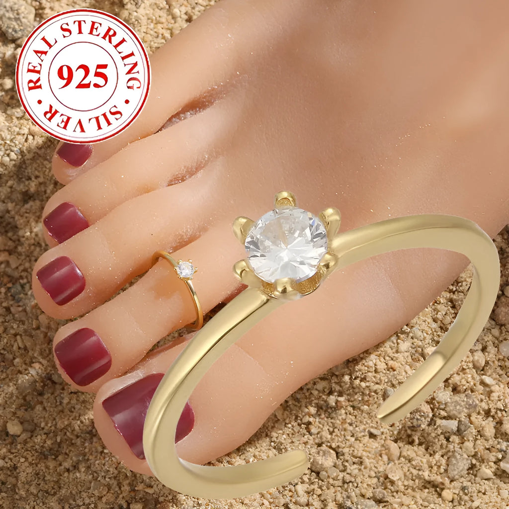 S925 sterling silver adjustable toe ring for women in gold F048 with inlaid zircon and geometric open design.
