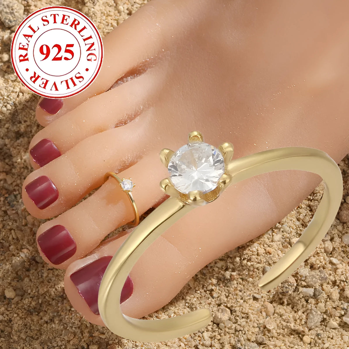 S925 sterling silver adjustable toe ring for women in gold F048 with inlaid zircon and geometric open design.