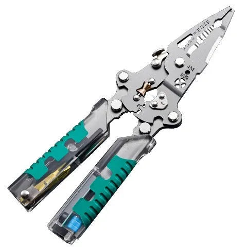 Thickened steel electrician's pointed pliers with integrated wire stripping function, 215mm or 225mm length.