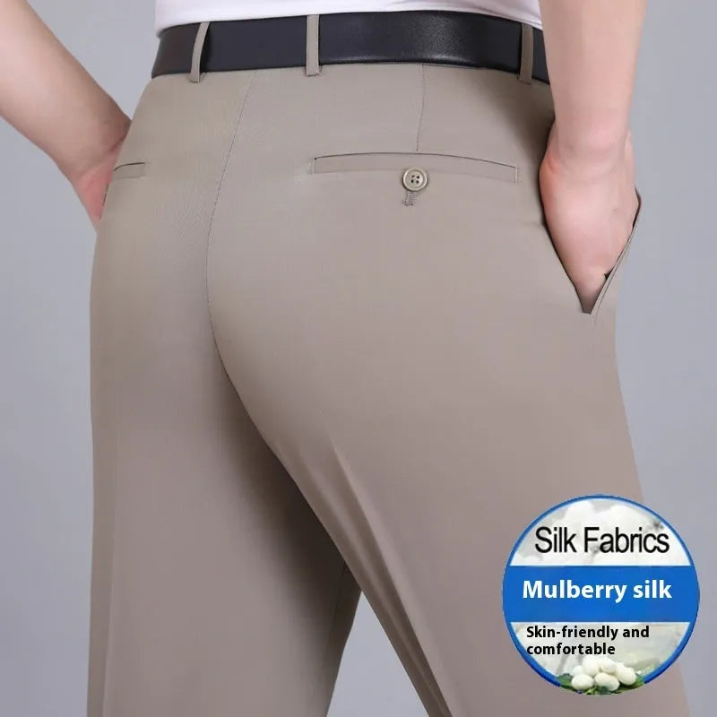 Men's mulberry silk blend straight cut business trousers in black with high waist design