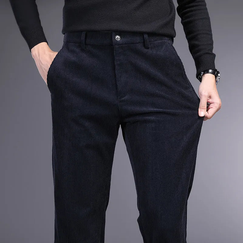 British retro striped straight-leg trousers in polyester blend fabric on size chart