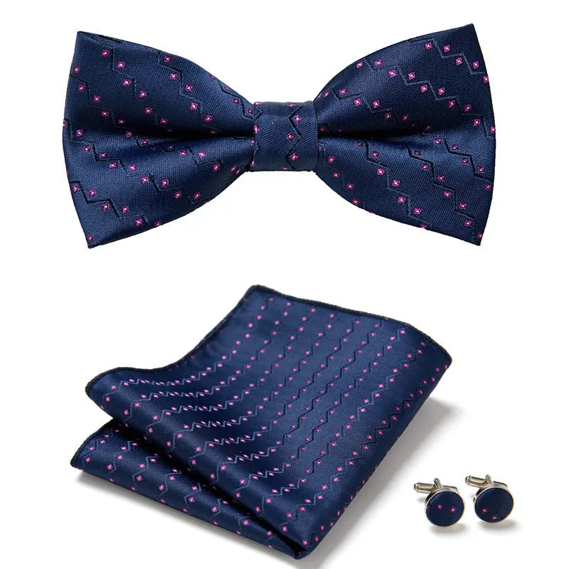 Floral Bow Tie Set of Three Pieces Polyester Yarn Hand-Sewn 12cm by 6cm Bow Tie with Matching Pocket Square 25x25cm and Cufflinks 1.5cm for Men's Formal Wedding and Party Accessories Multistyle Options