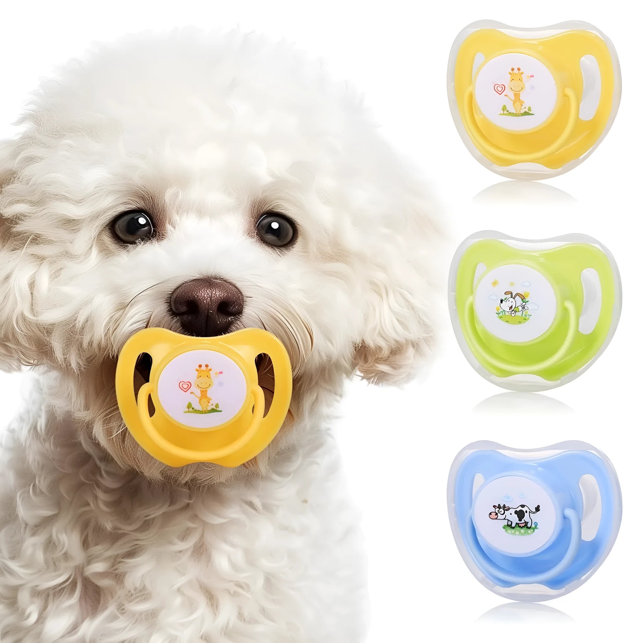 Blue silicone dog pacifier for small dogs with ventilation holes and dust-proof cover on pink background