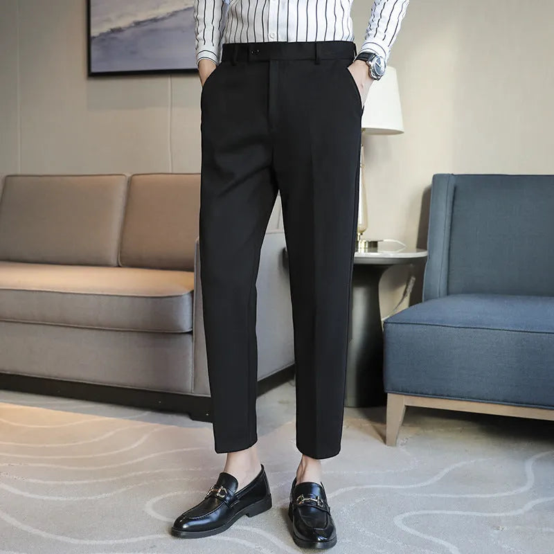 Men's brown corduroy straight fit trousers with elastic waistband for business casual wear