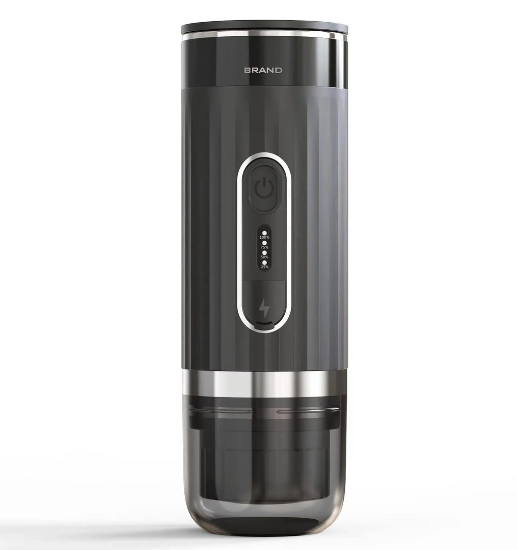 Black portable wireless K-Cup coffee machine for use in car and outdoors