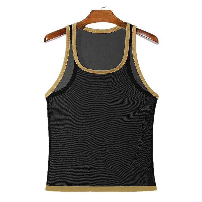 Men's black polyester mesh fitness vest with straight hem for sports activities