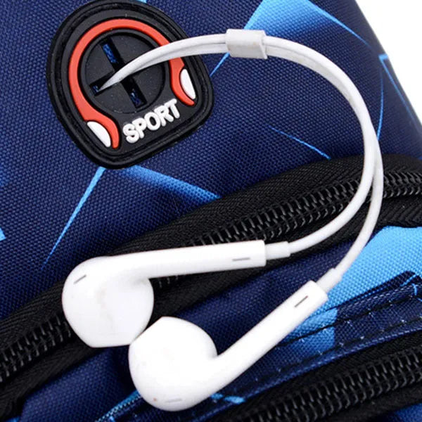 Blue Oxford cloth sling bag with a crossbody strap, earphone hole, and zipper pocket.