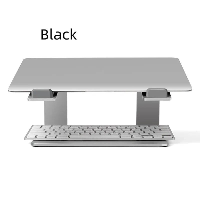 Adjustable aluminium laptop stand in black colour on desk surface
